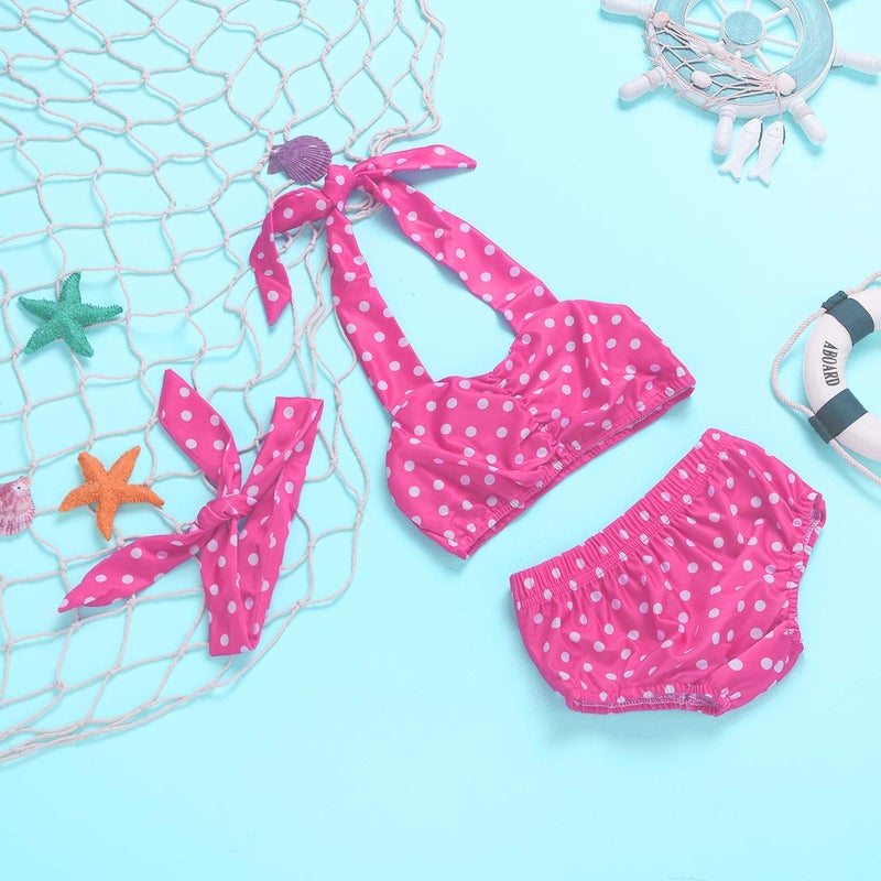 Aalizzwell Baby Girl Bikini,Kids Toddler Polka Dot Swimsuits Halter Swimwear Bikinis Set with Headband (Pink, 3-6 Months) - Image 4